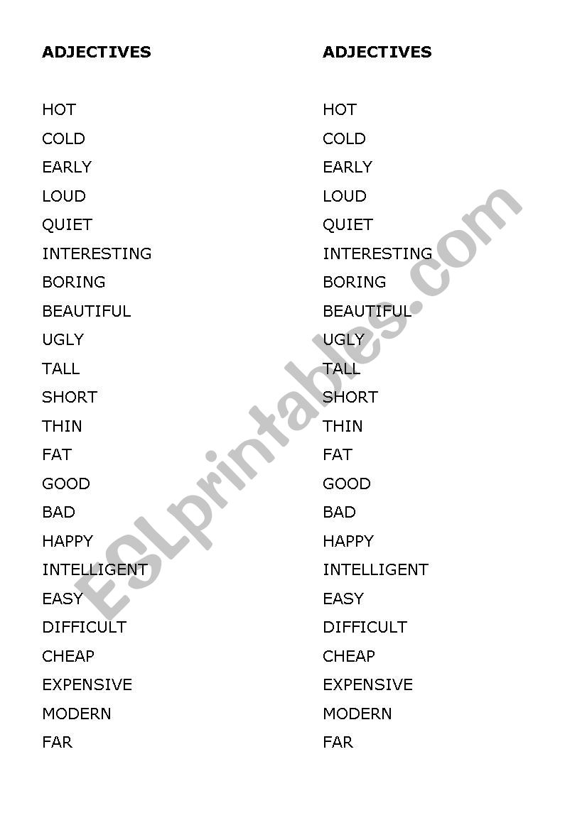 Adjectives List worksheet