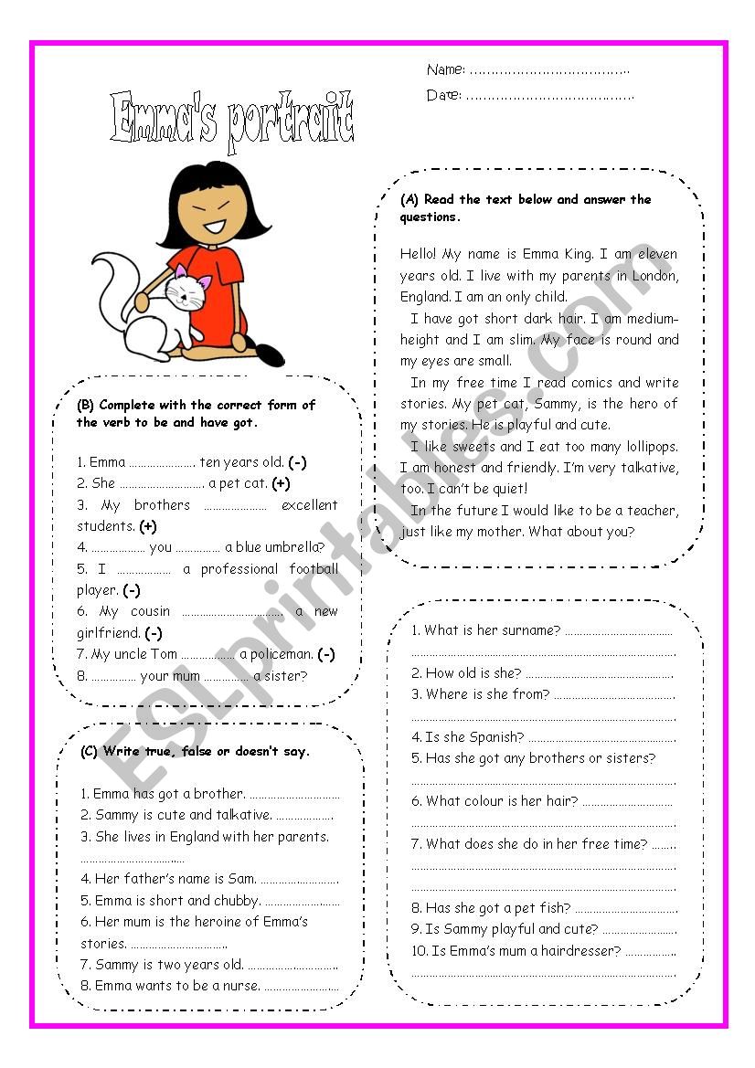 Emmas portrait worksheet