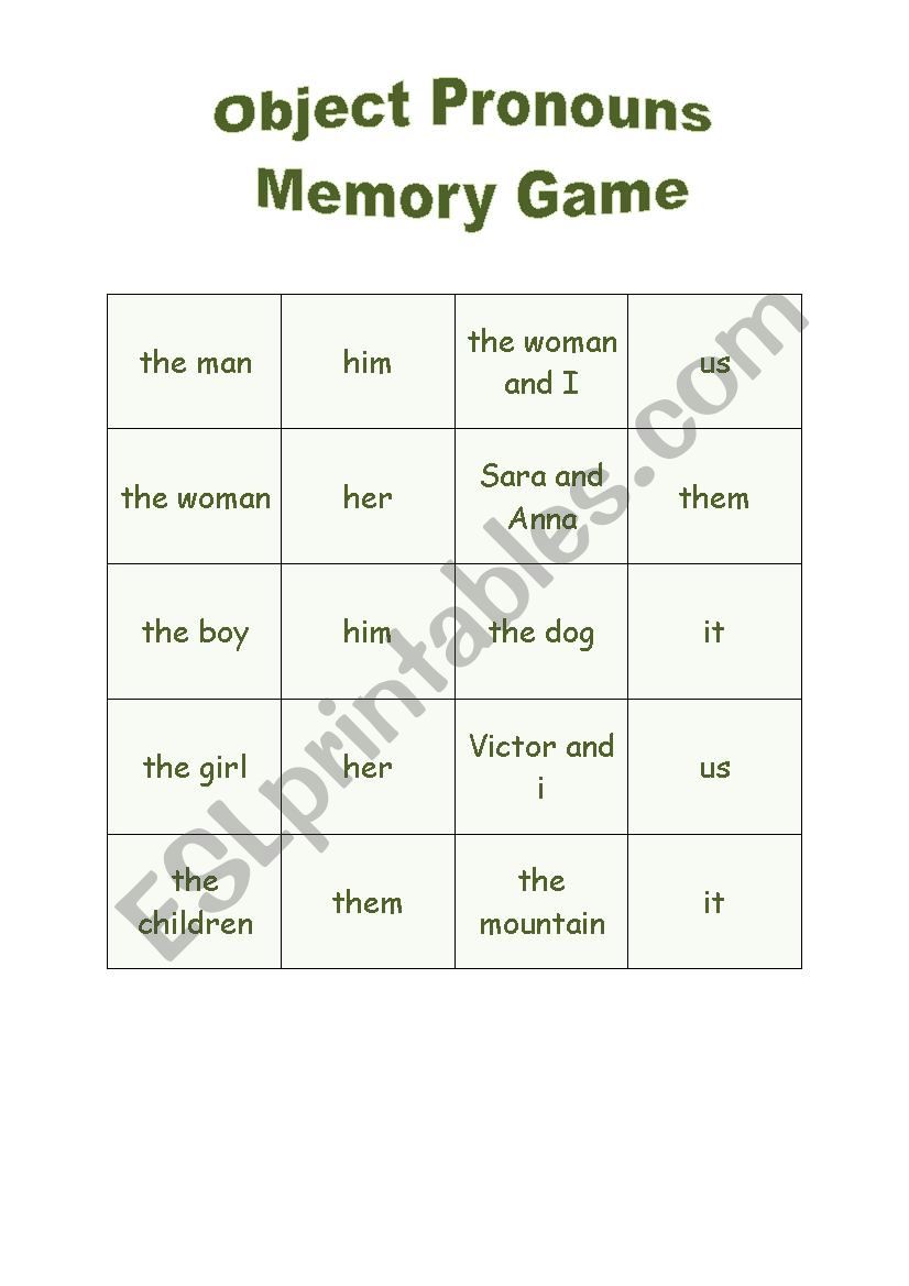 object pronouns - memory game worksheet