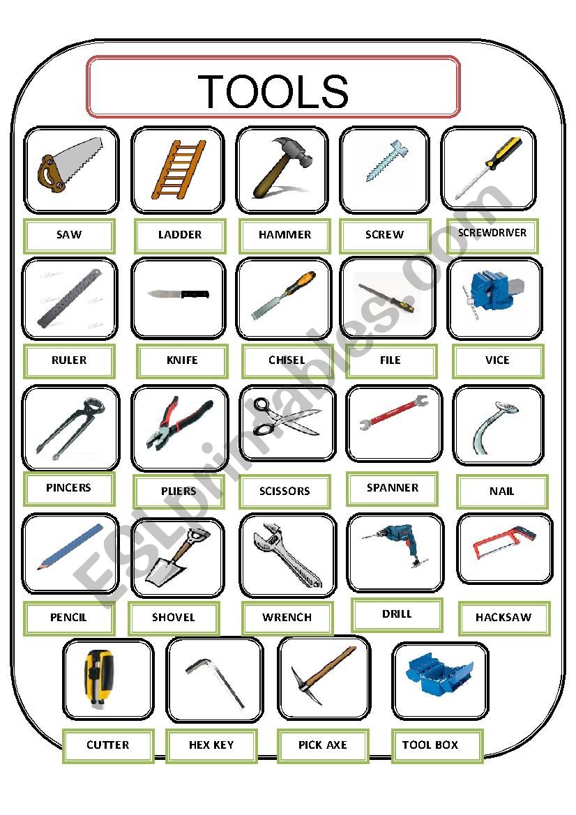 tools pictionary worksheet