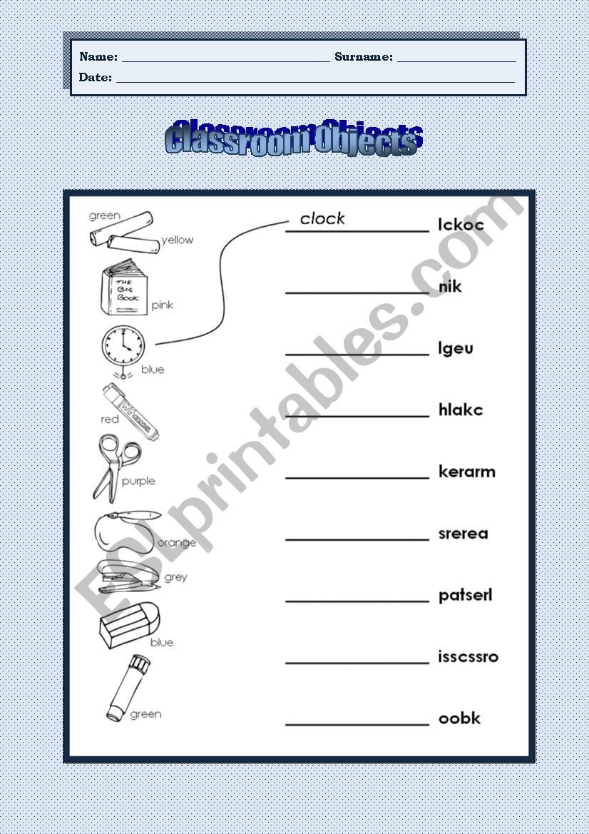 Classroom Objects worksheet