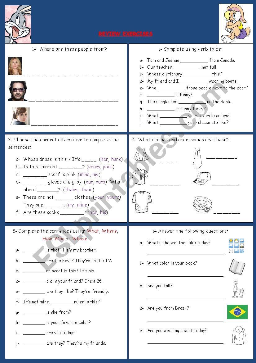 Review Exercises on: Wh- words, possessive adjectives and possessive pronouns, clothes and verb to be 