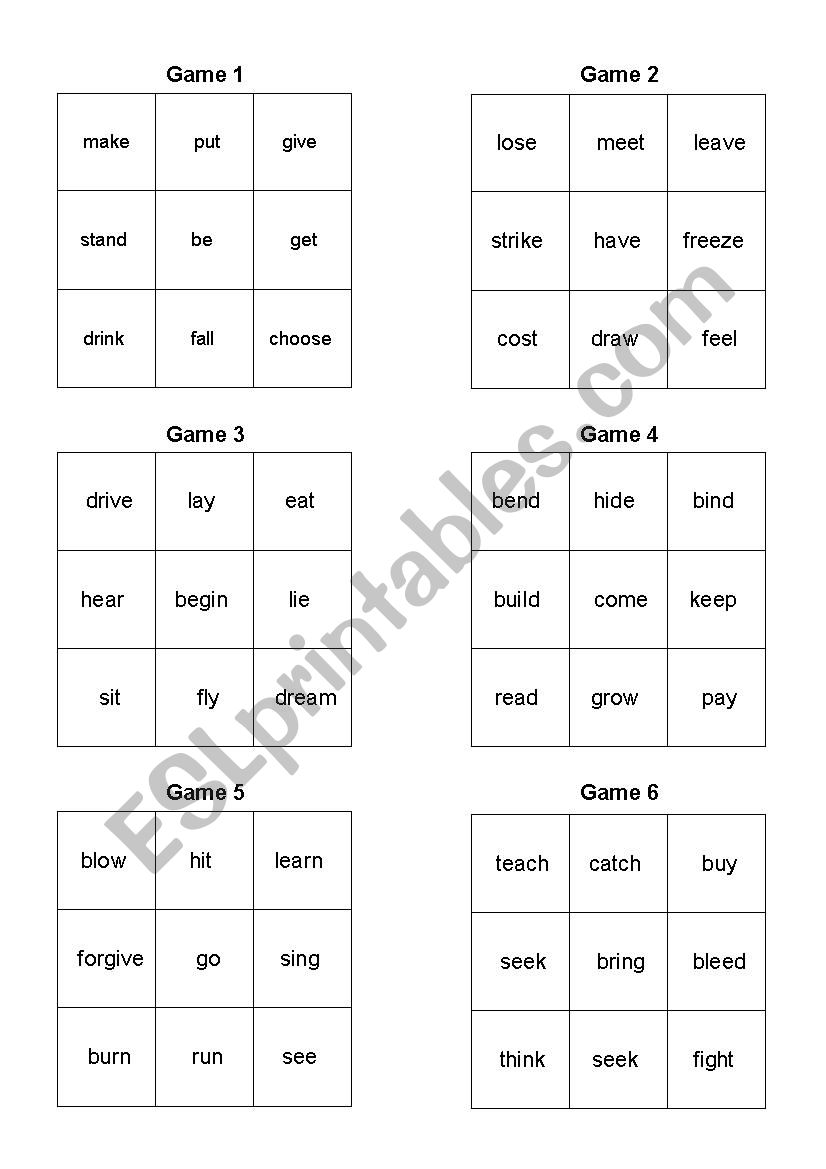 Irregular verbs traning game worksheet