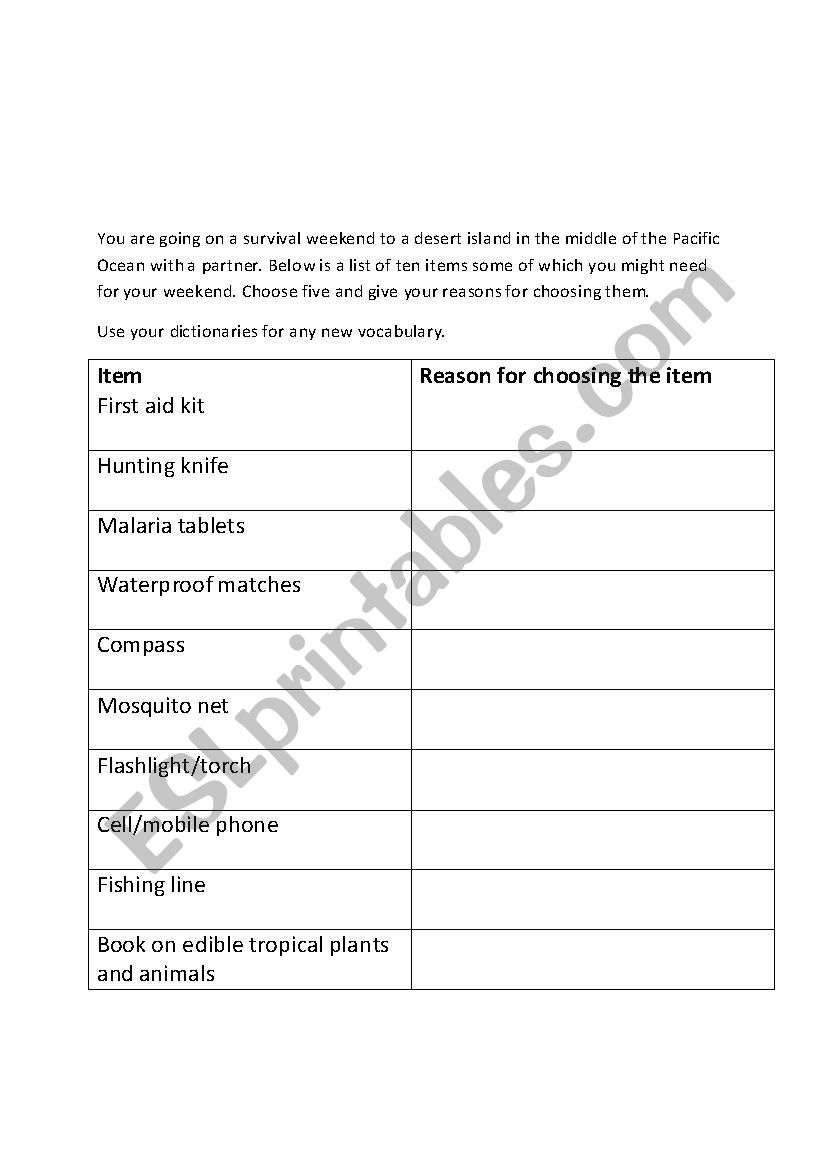 Survival worksheet