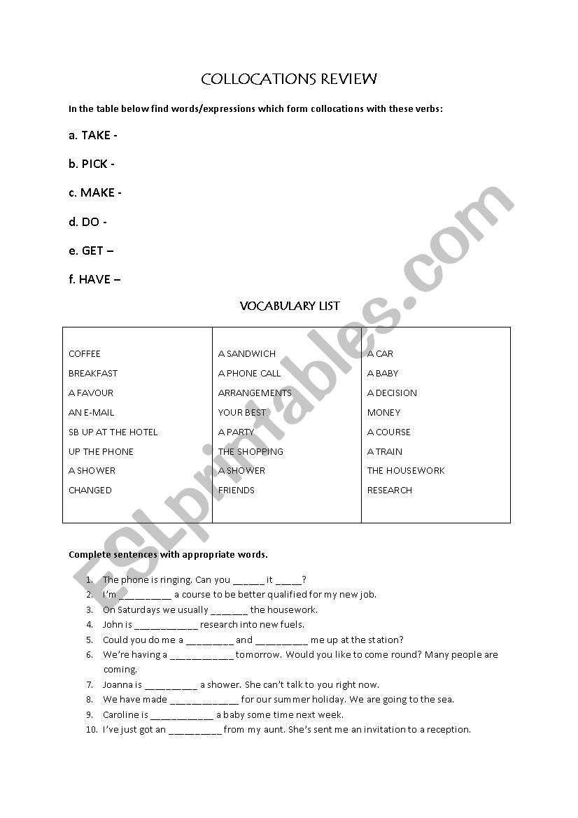Collocations review worksheet