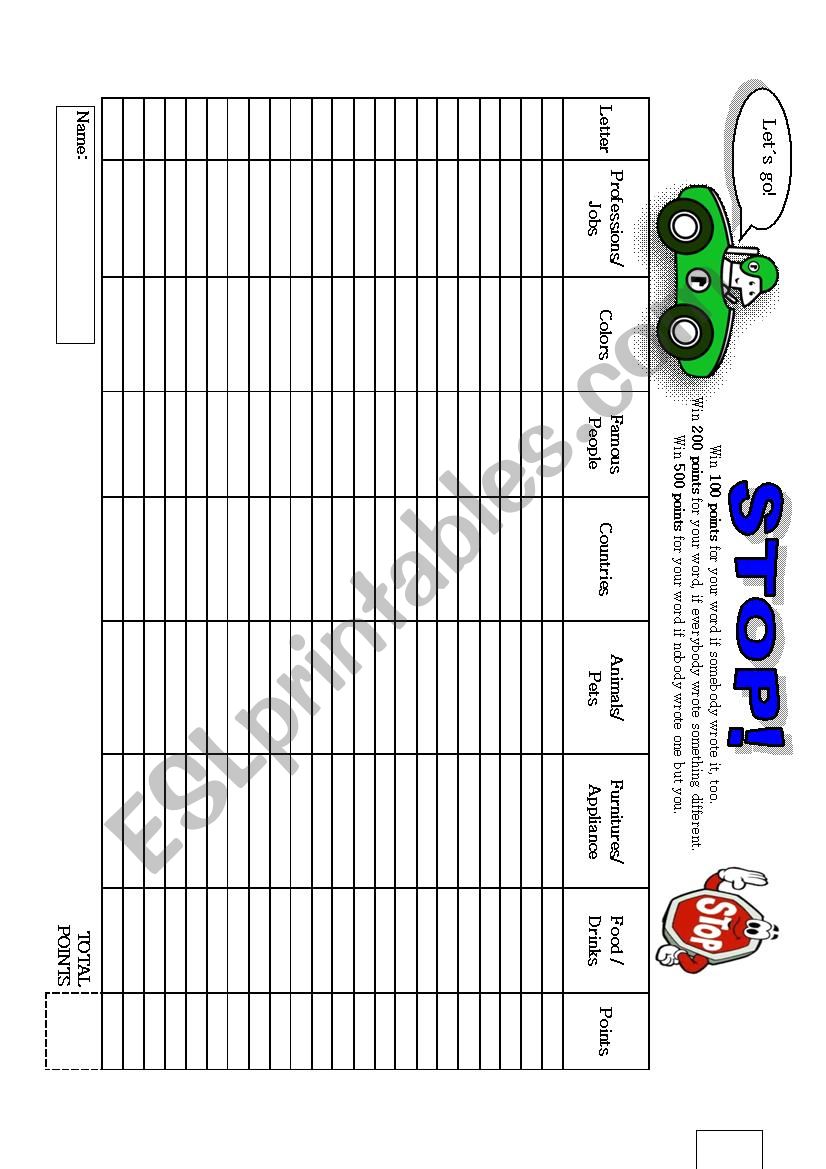 Playing STOP!!! worksheet