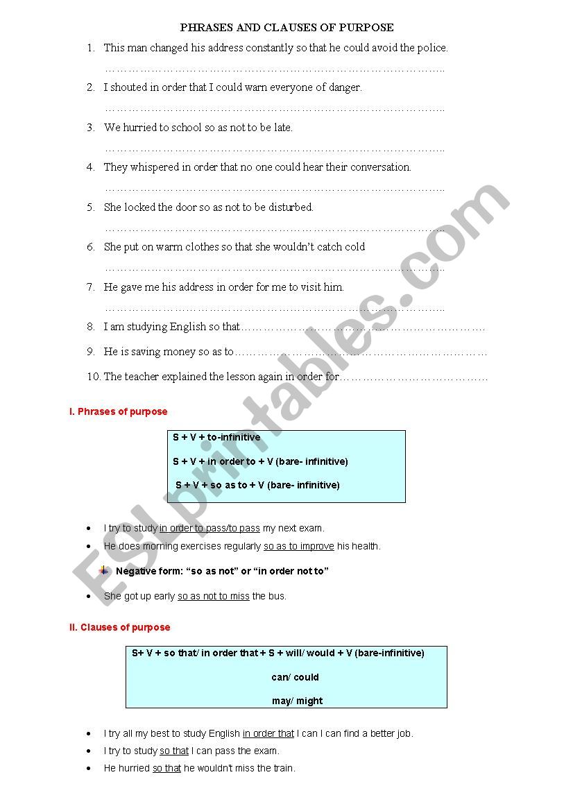 Clause and Phrase of Purpose worksheet