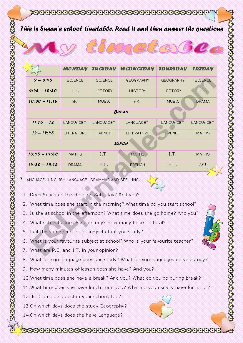 School timetable worksheet