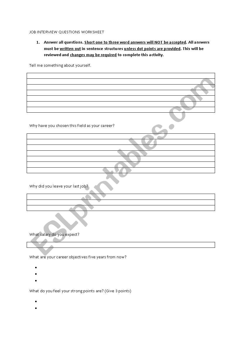 Job Interview Questions Worksheet