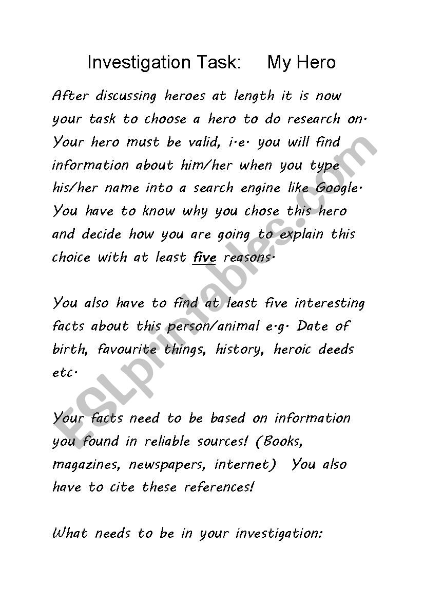 Investigation Task - My Hero worksheet