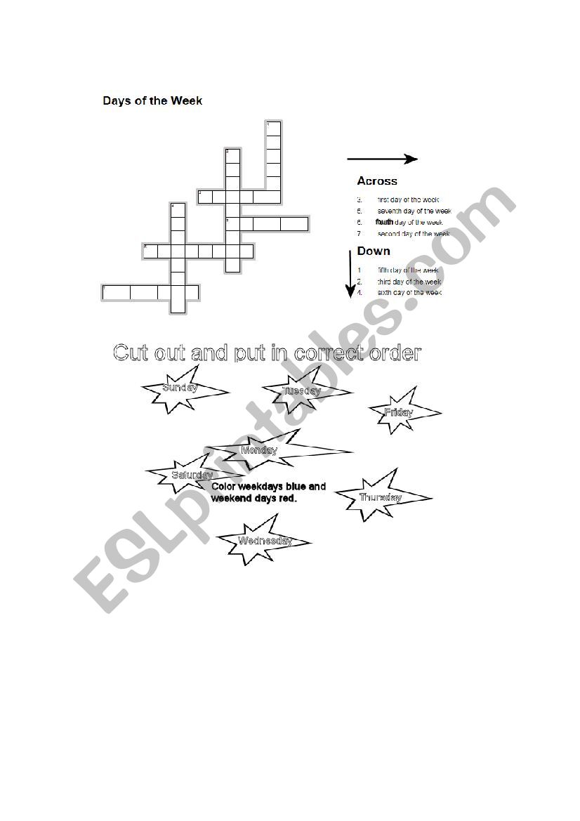 Days of the week   Key  Crossword and also coloring activity