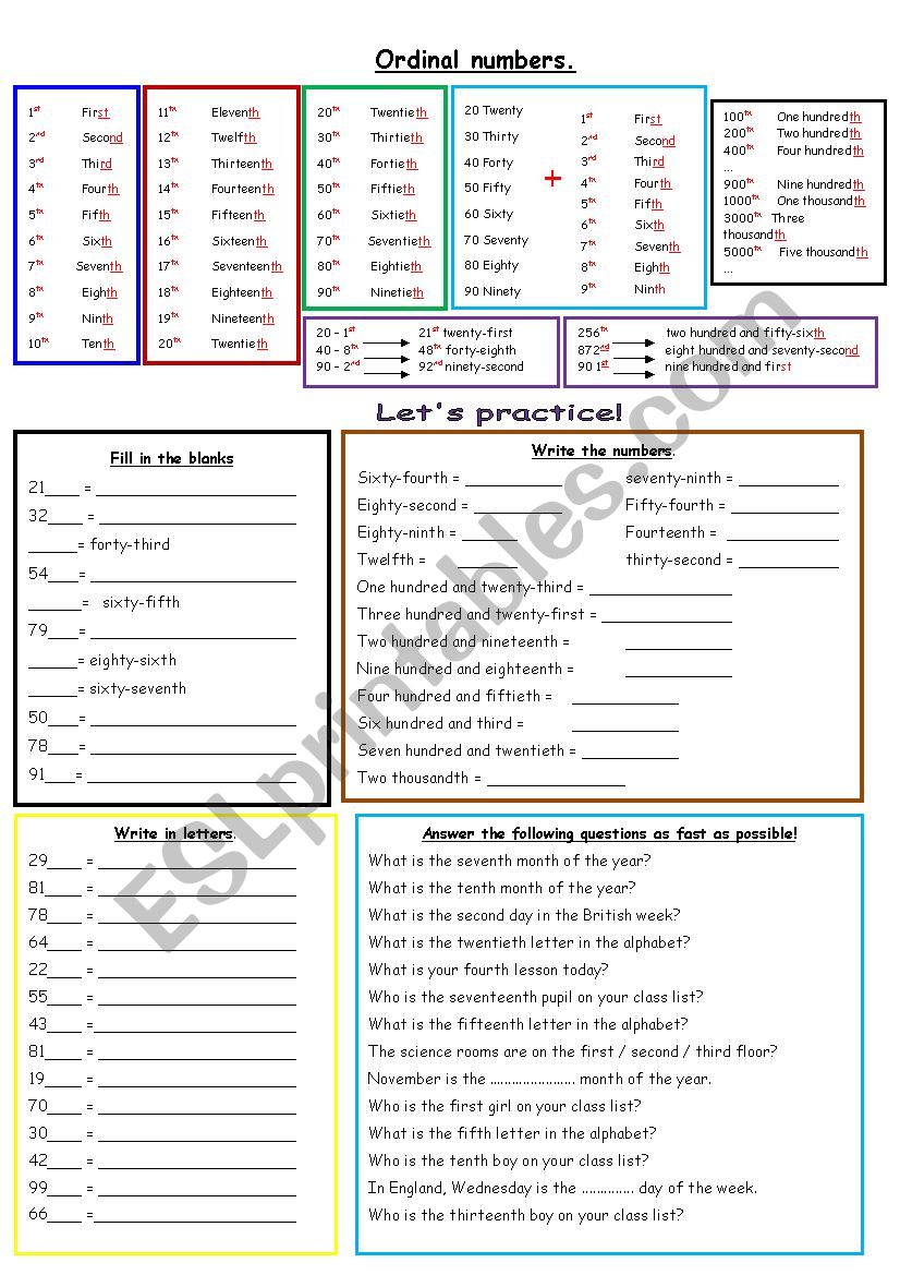 Ordinal numbers worksheet