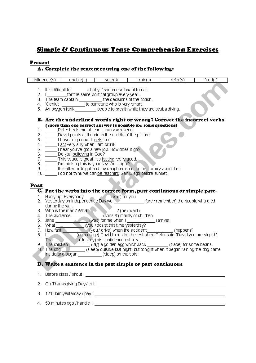 Simple & Continuous Tense Exercise Handout