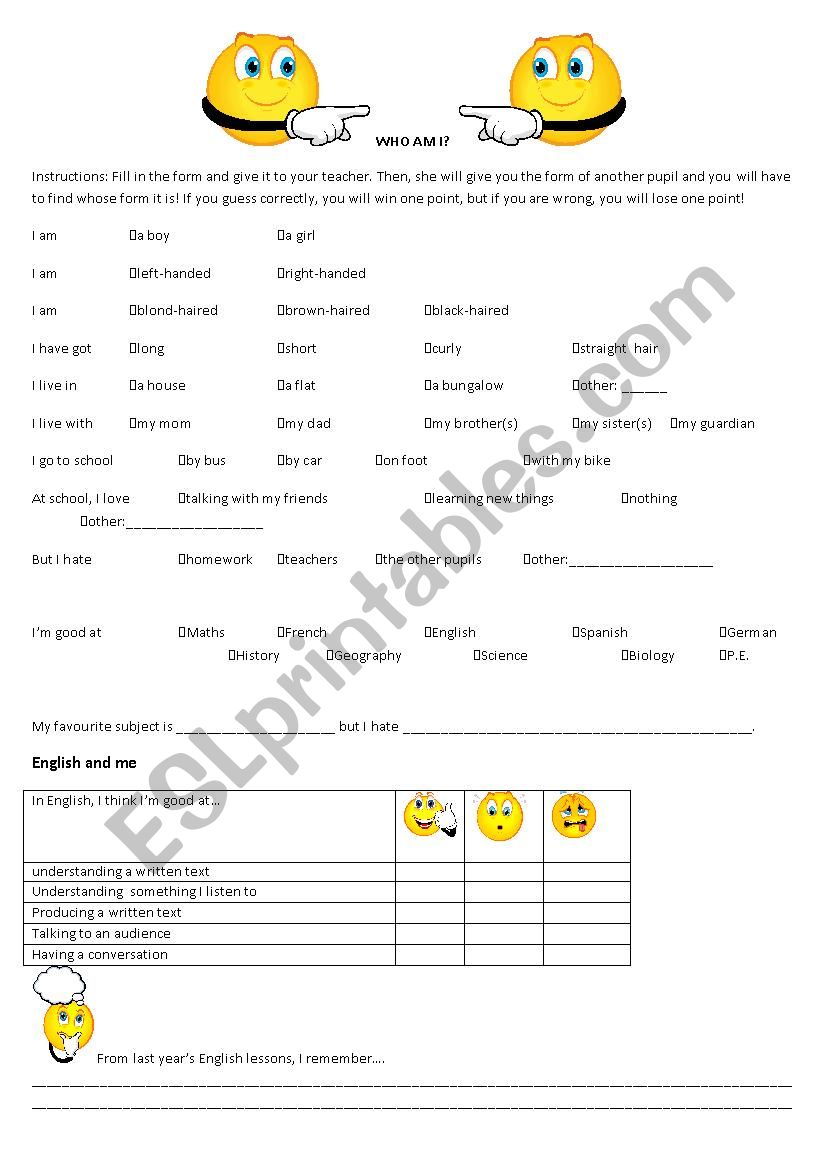 Who am I? worksheet