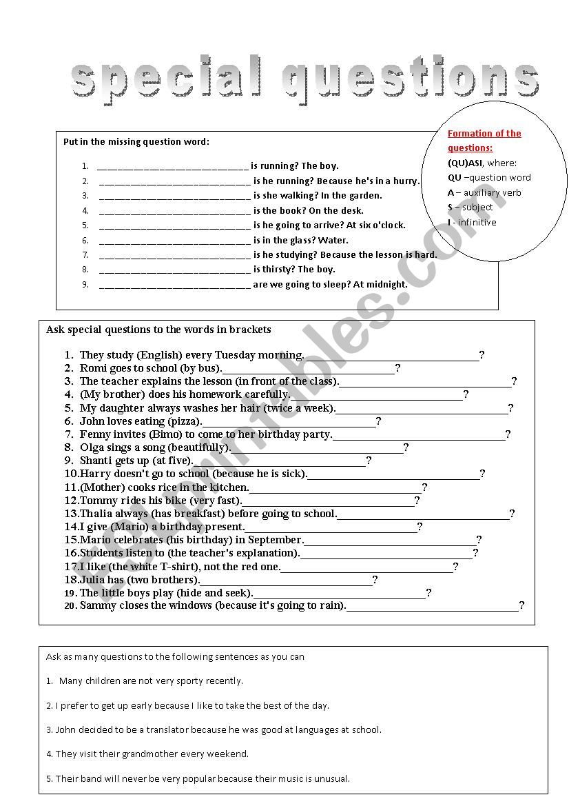 Special questions worksheet