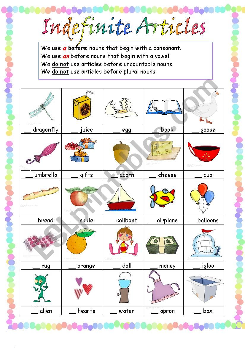 Indefinite Articles - A, An, no article