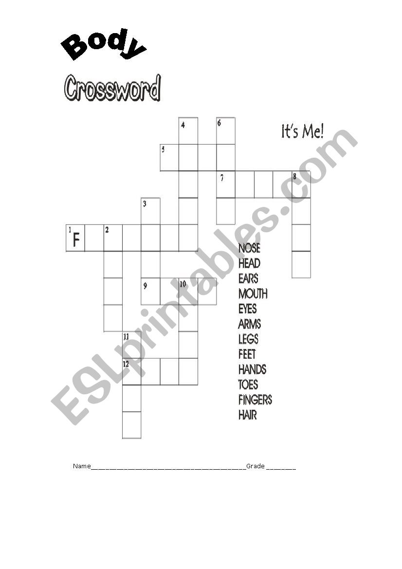 body crossword worksheet