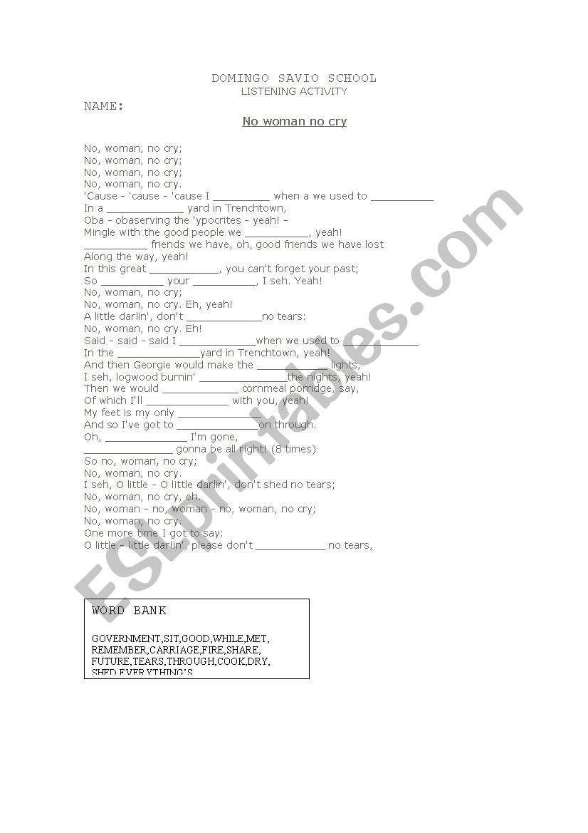 No woman No cry worksheet