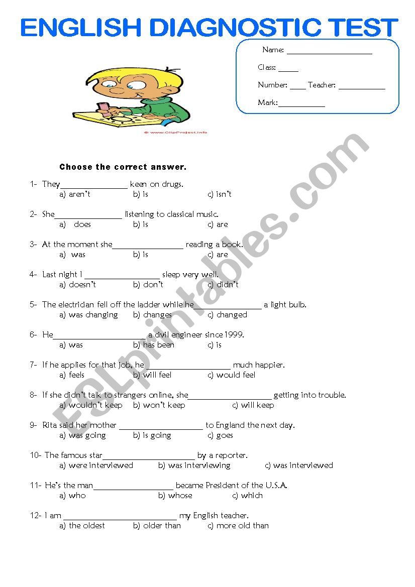 English diagnostic test worksheet