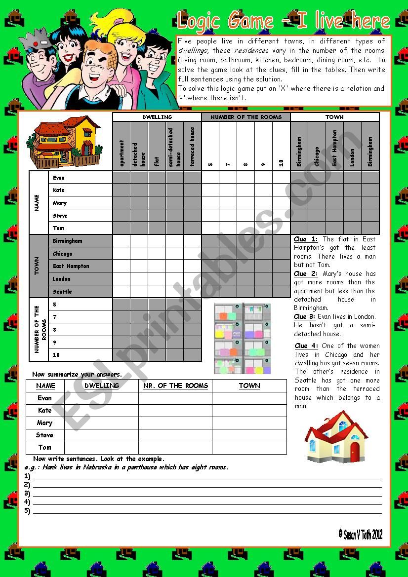 Logic game (51st) - I live here *** with key ***  upper elementary *** fully editable *** greyscale