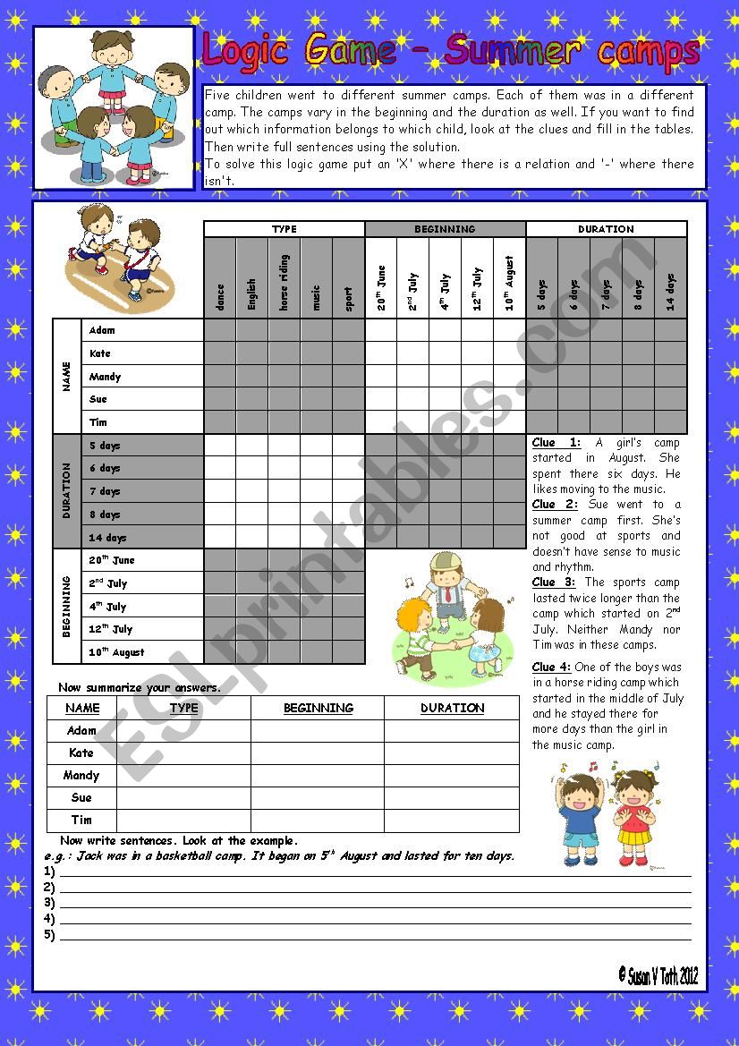 Logic game (52nd) - Summer camps *** with key *** fully editable *** BW