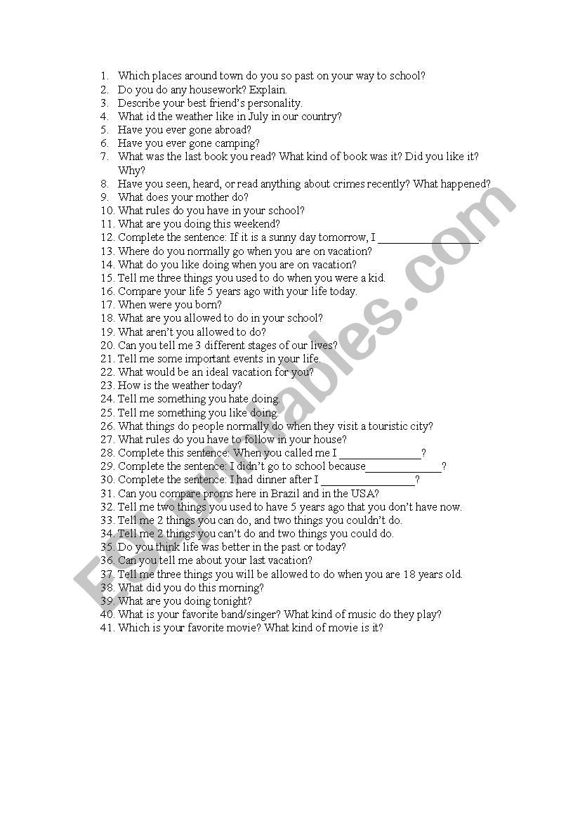 Oral practice worksheet