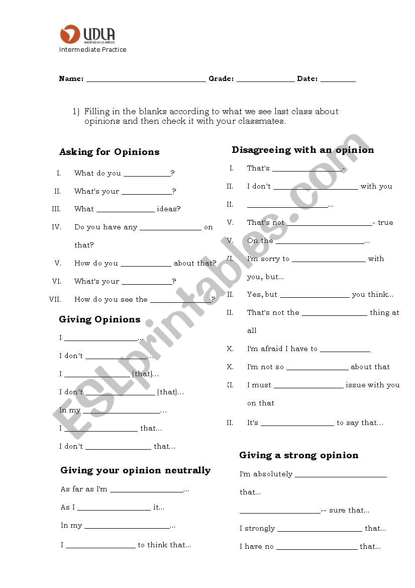 Opinions worksheet