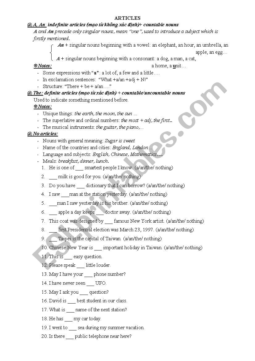 Articles worksheet