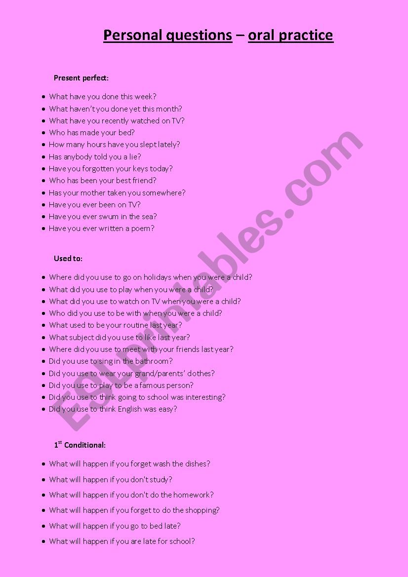 Oral practice worksheet