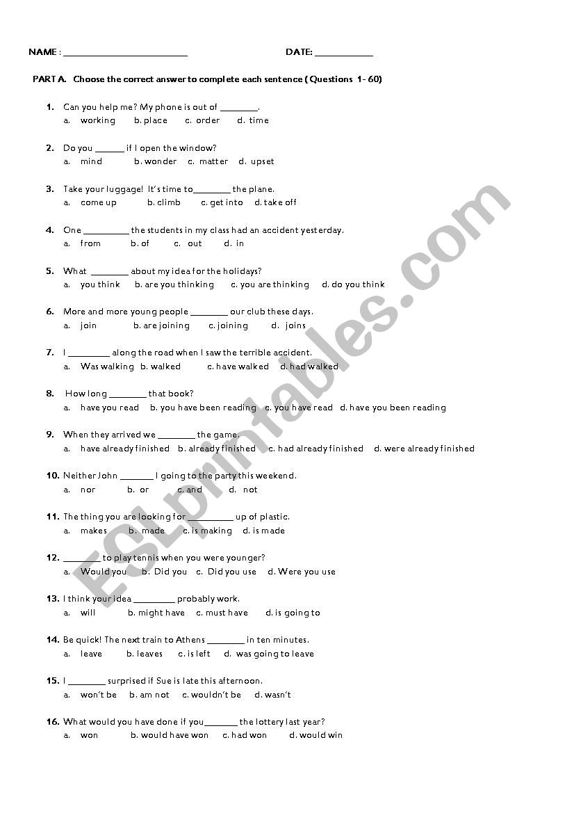 TEST  LANGUAGE AND READING worksheet