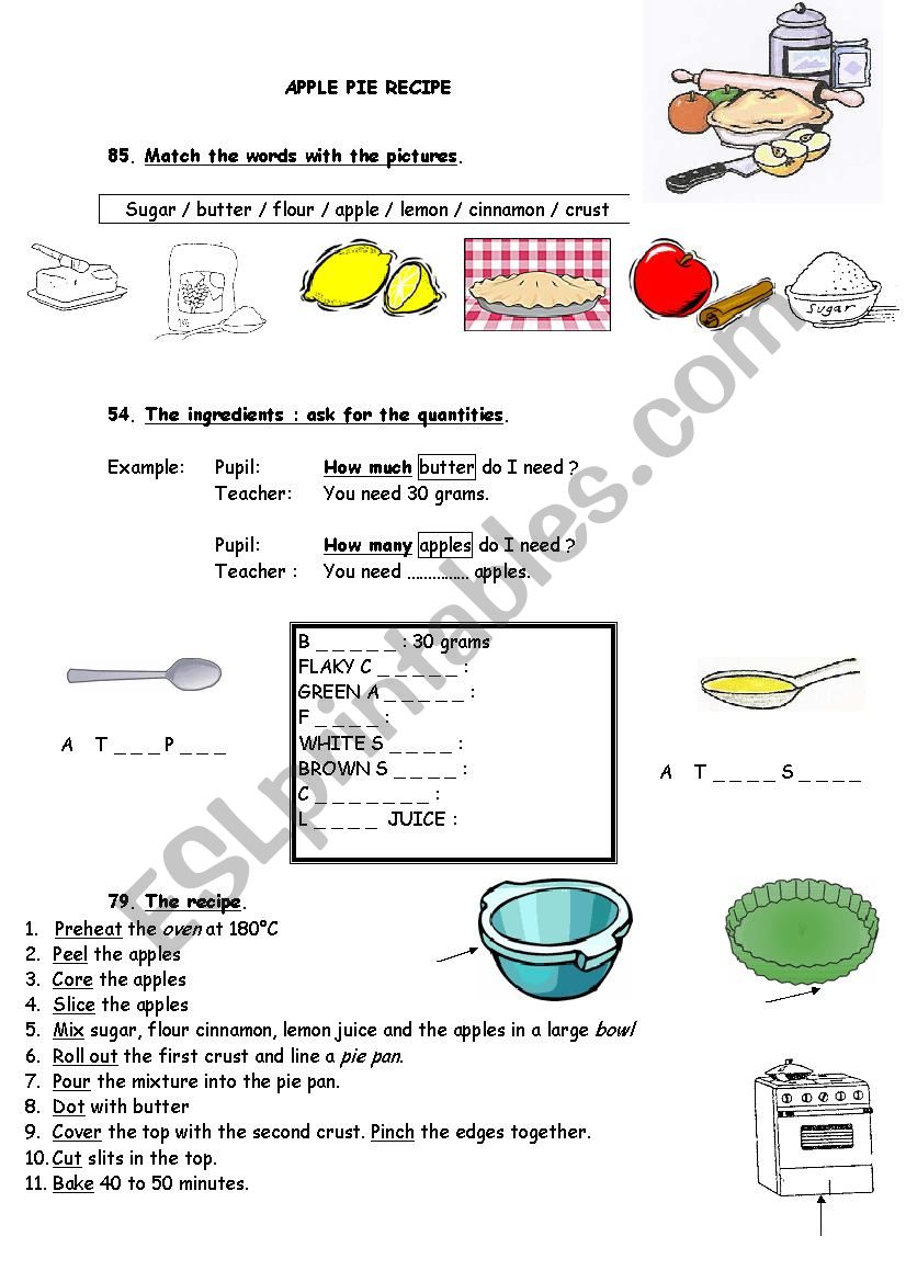 Apple pie recipe worksheet