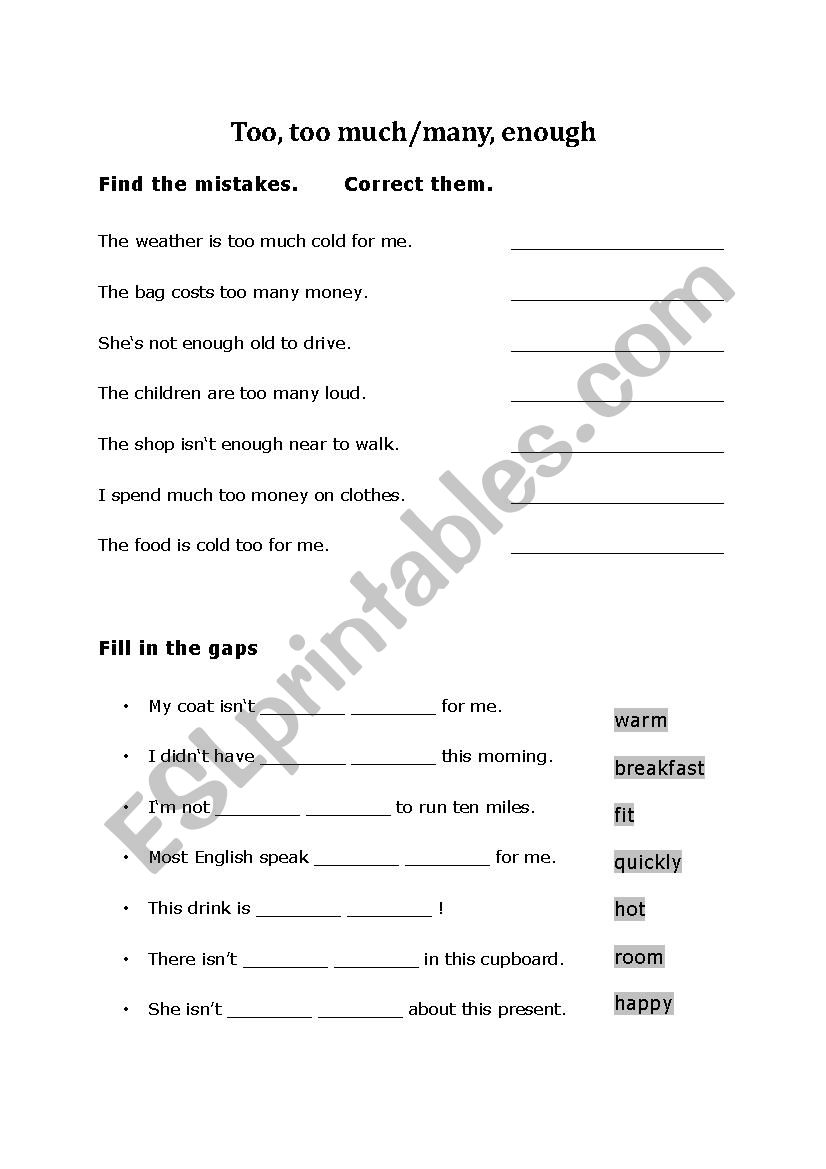 Too, too much/many, enough worksheet