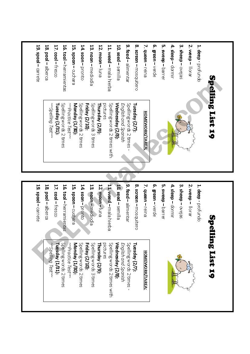 Unit 19 Spelling Words  worksheet