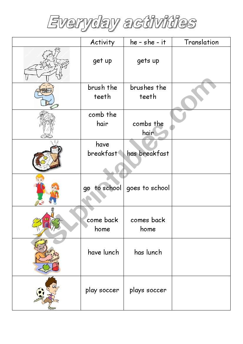 Daily activities worksheet