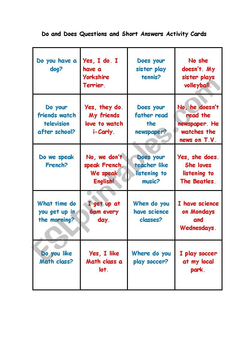 Do & Does Question and Answer Activity Cards