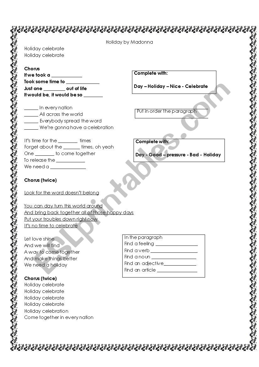 Holiday by Madonna worksheet