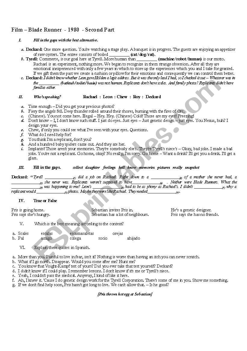 Blade Runner Activities 2 worksheet