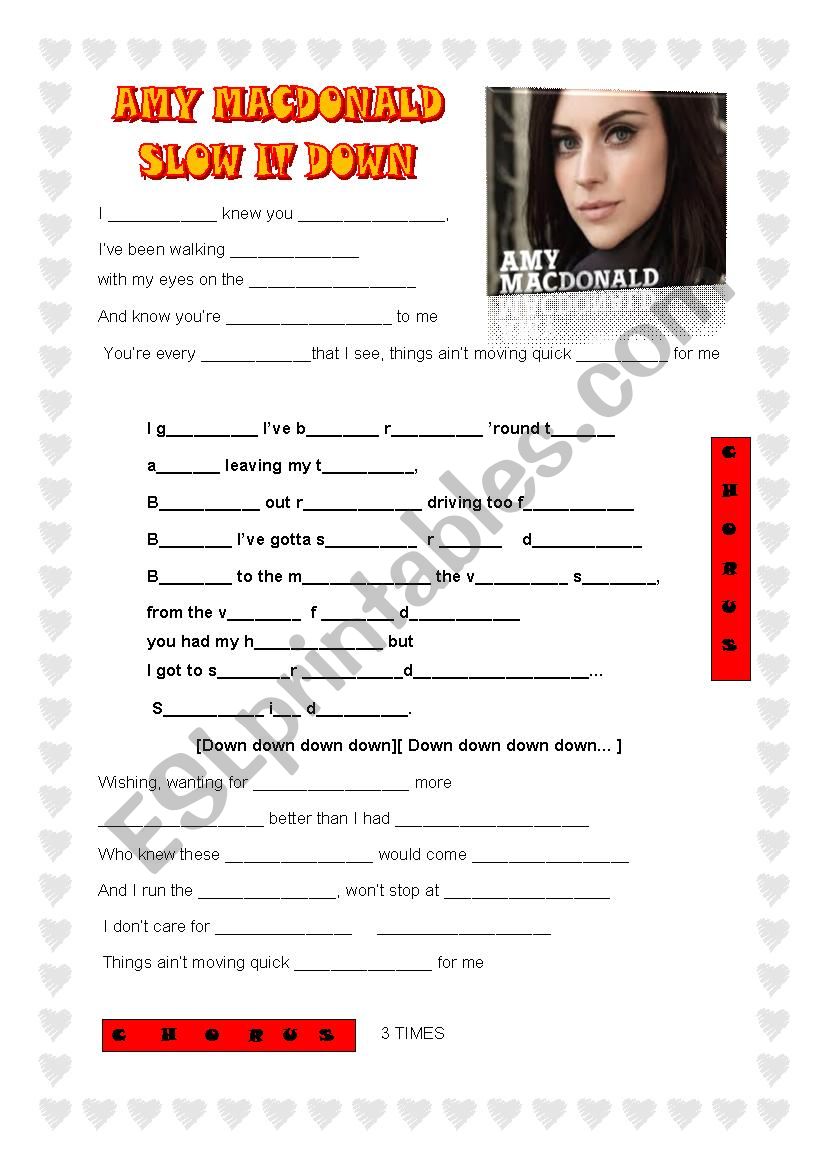 Amy Macdonald Slow it down worksheet