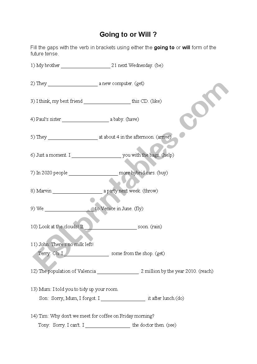 Will or Going to? worksheet