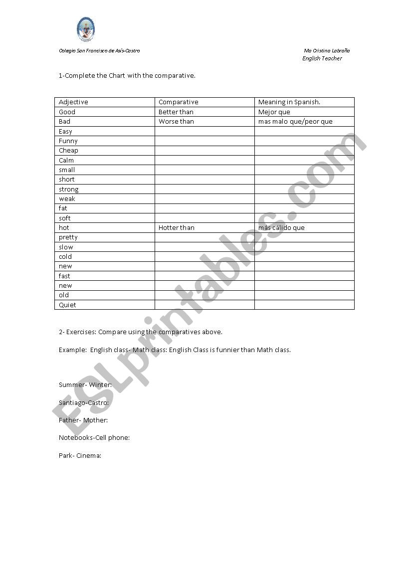 Short adjectives comparatives worsheet