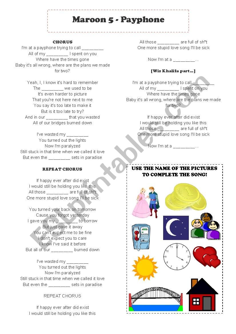 Song: Maroon 5 - Payphone worksheet