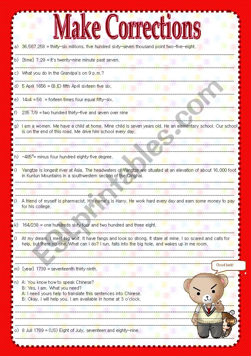 Make Corrections worksheet