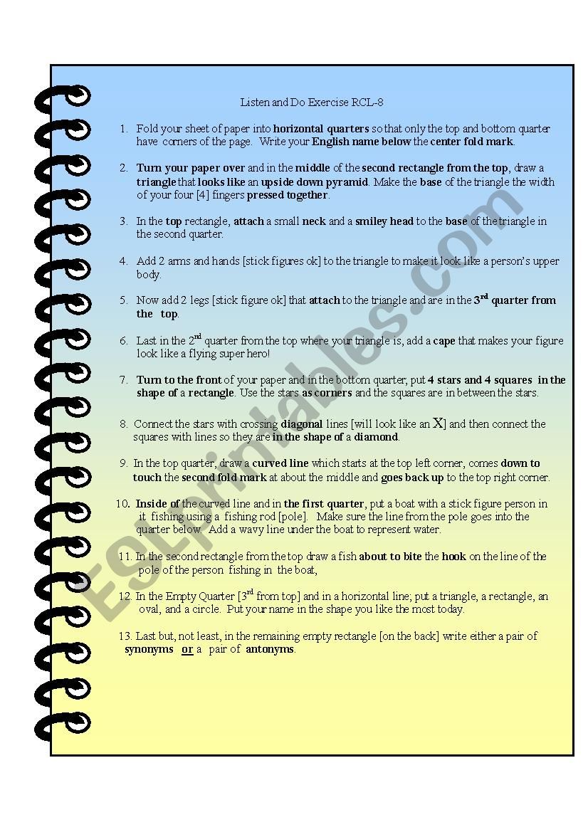 Listen & Do Exercise RCL -8 worksheet