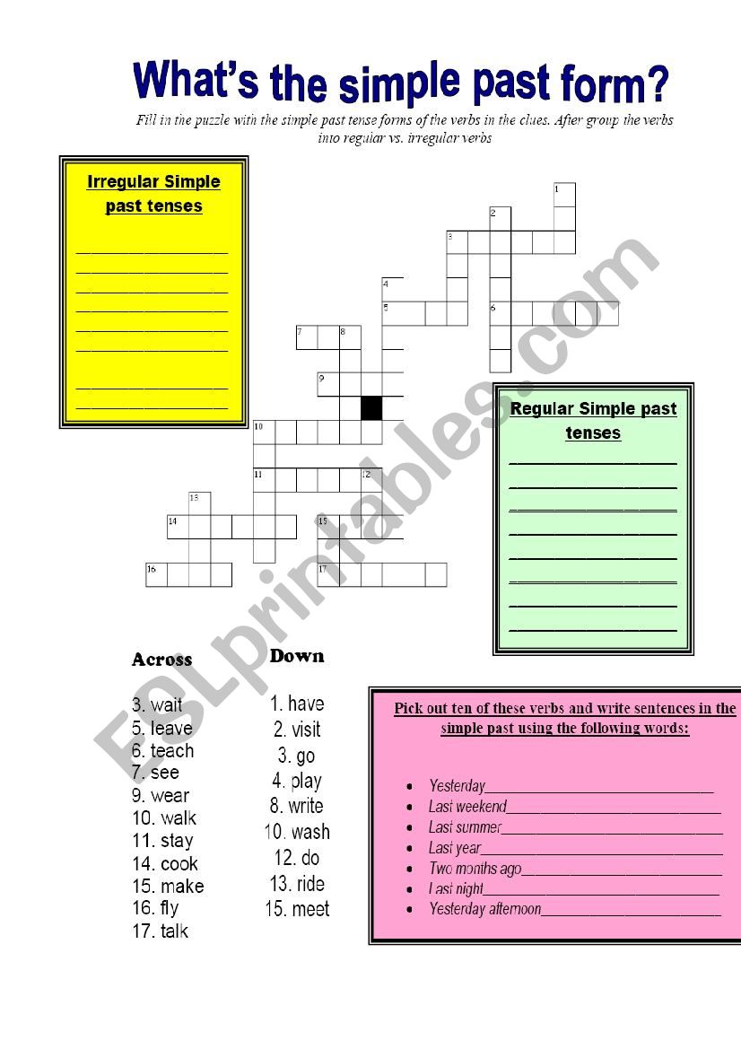 Simple past crossword worksheet