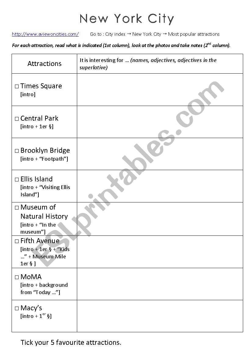 New York city attractions 1 worksheet