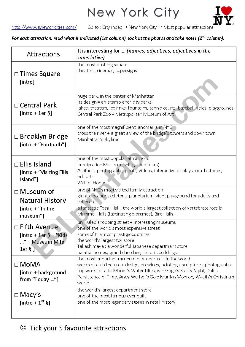 New York city attractions 2 worksheet