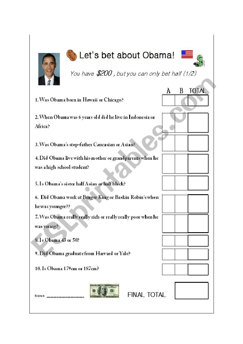 Obama Betting Game worksheet