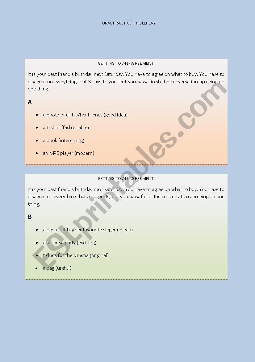 Oral practice - Roleplay worksheet