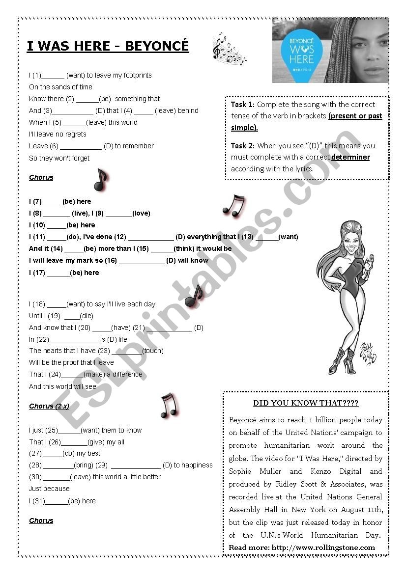 Song: I was here - Beyoncé - ESL worksheet by dudu16othon@hotmail.com