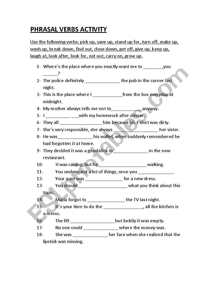 Phrasal verbs activity worksheet